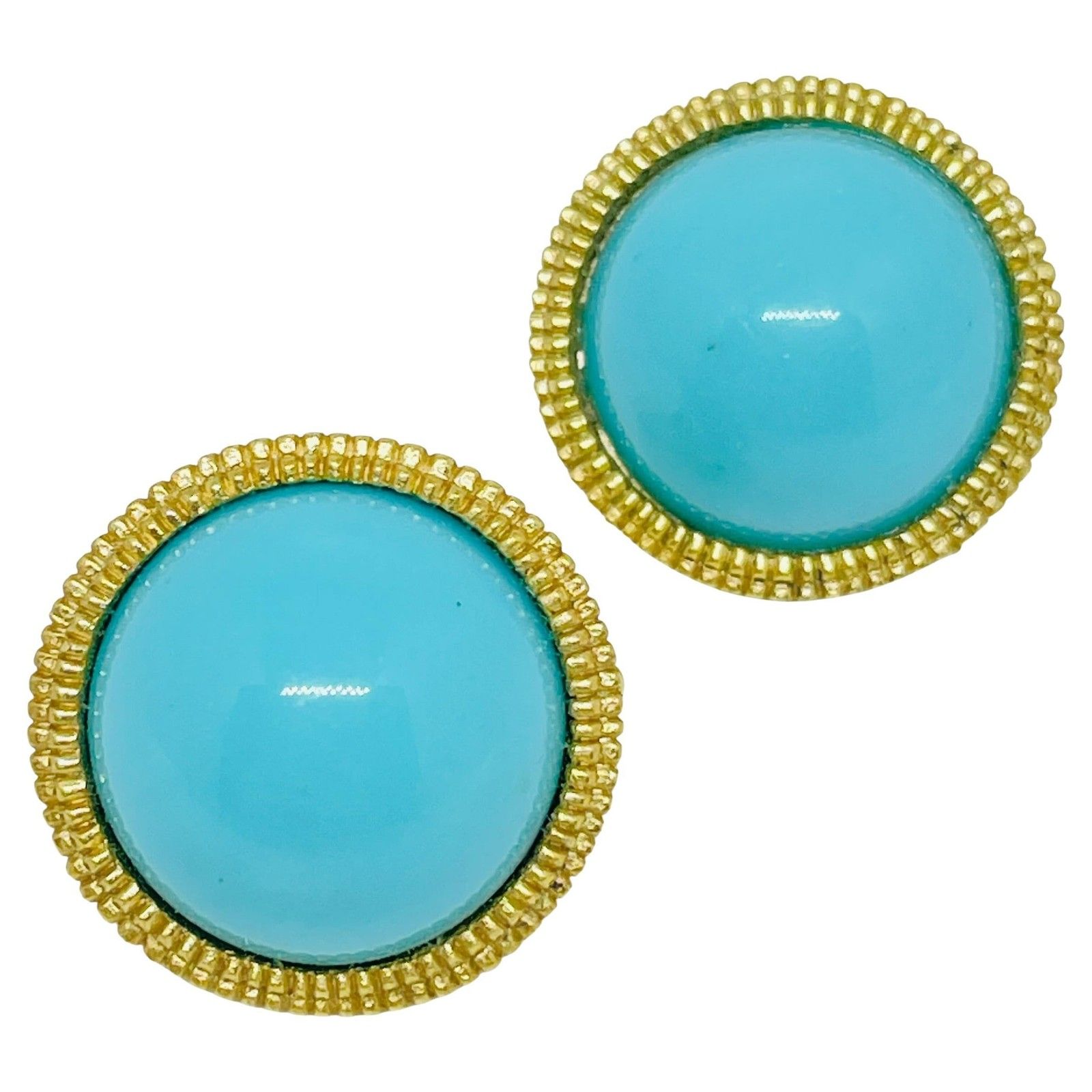 Trifari Crown Signed Gold Tone Faux Turquoise Designer Clip On Earrings